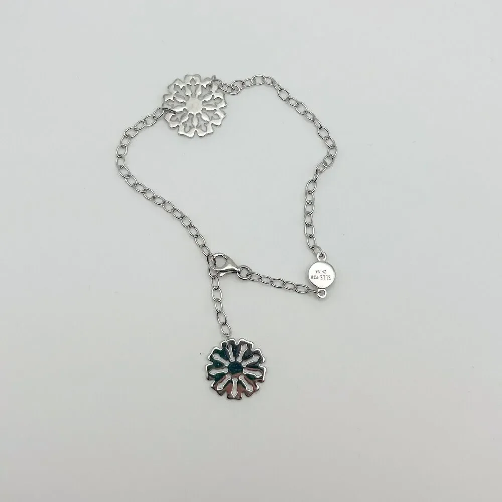 Elle Ruby Signed Sterling Silver 925 Chain Bracelet with Flower Charm